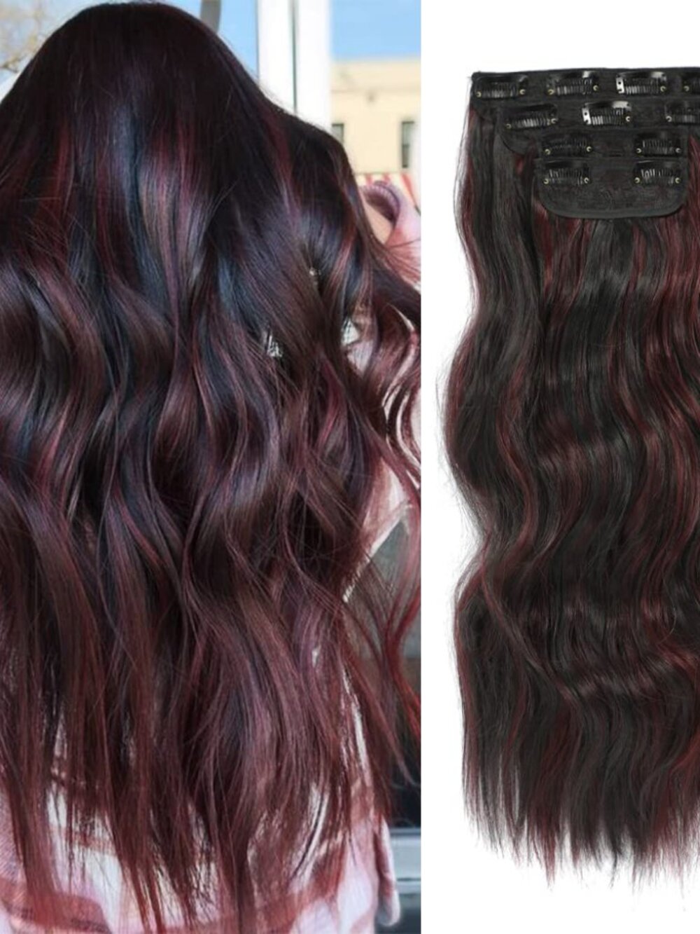 4PCS Clip in Hair Extensions Wavy Hair Extensions -Black Mix Burgundy